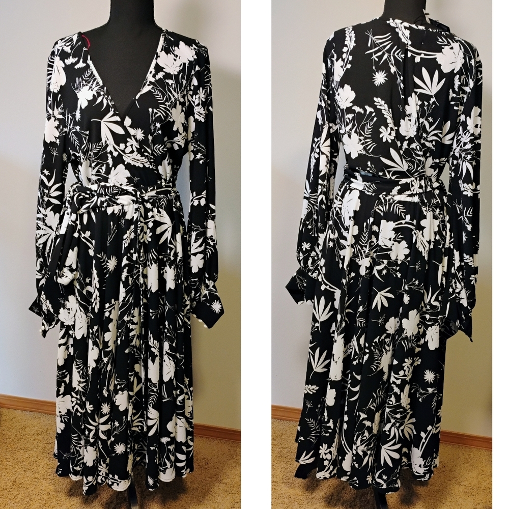 Meghan LA Black and White Floral Long Sleeve Dress